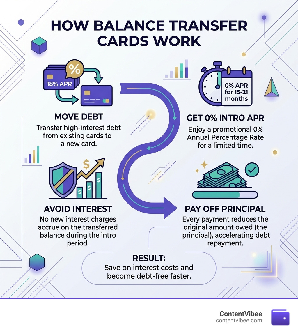 How balance transfer cards work: move debt, pay 0% APR, avoid interest, pay off principal infographic