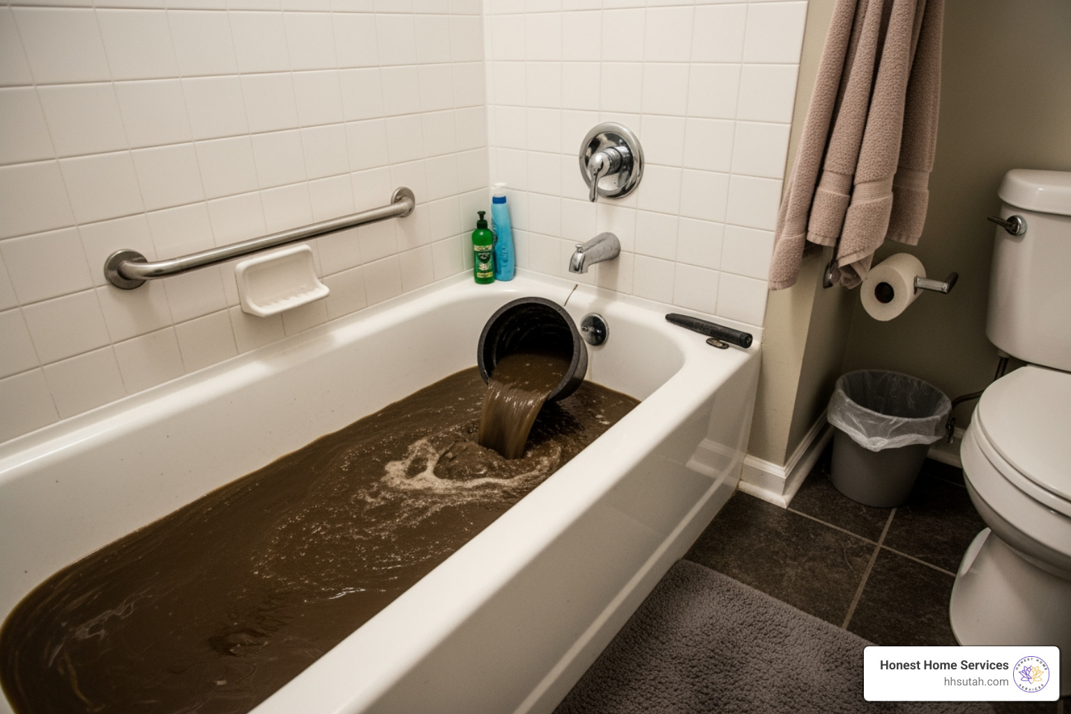 Sewage backing up into a bathtub due to main line blockage Sewage backing up into a bathtub due to main line blockage