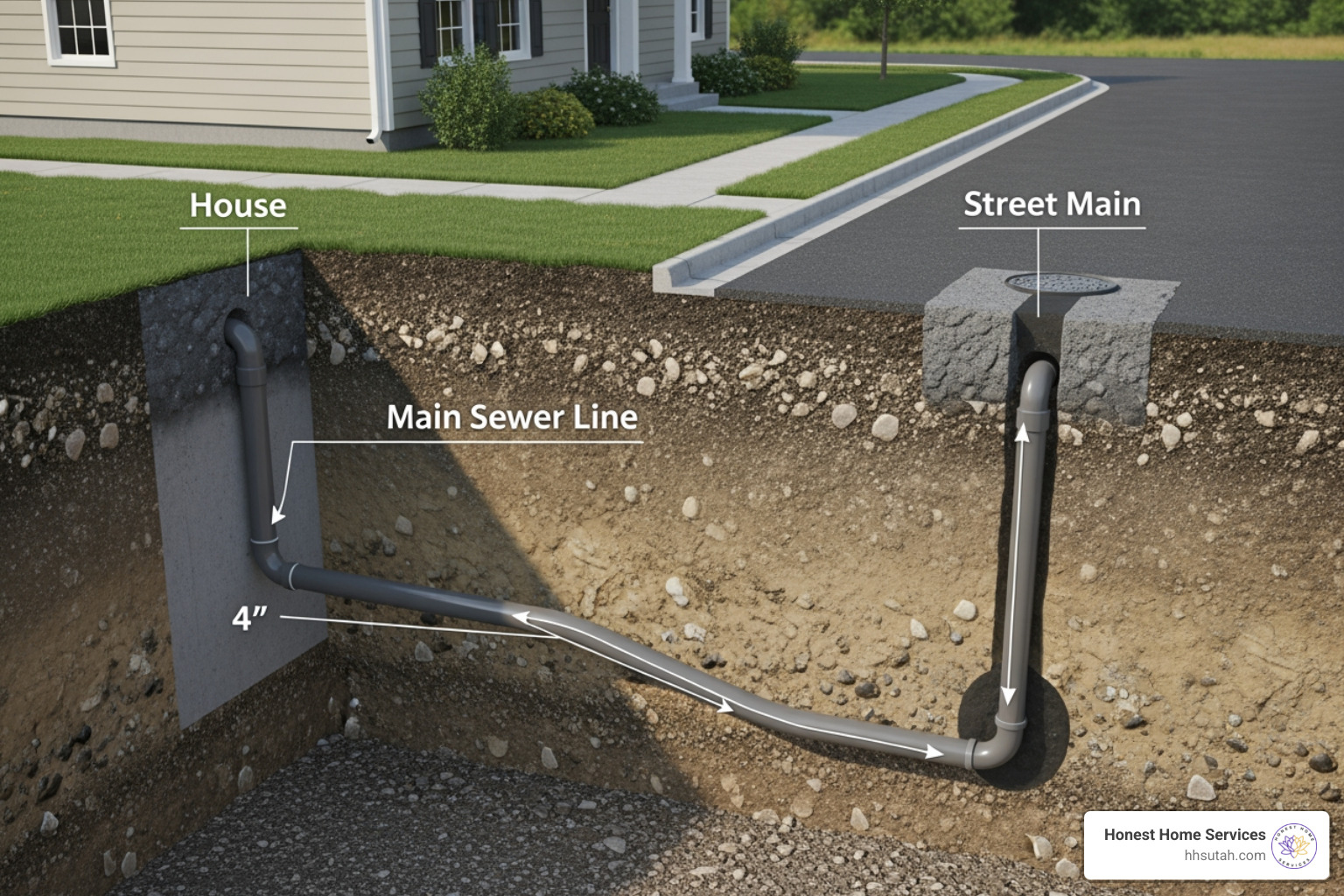 Residential sewer line diagram showing 4-inch pipe and municipal connection Residential sewer line diagram showing 4-inch pipe and municipal connection