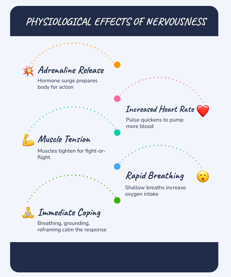 Infographic showing physiological effects of nervousness: adrenaline release, increased heart rate, muscle tension, rapid