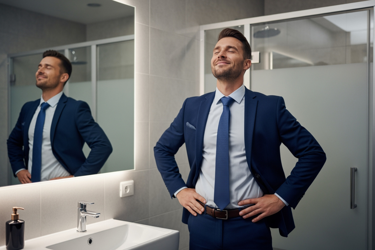 A professional standing in front of a mirror, smiling and visualizing a successful presentation with a confident posture