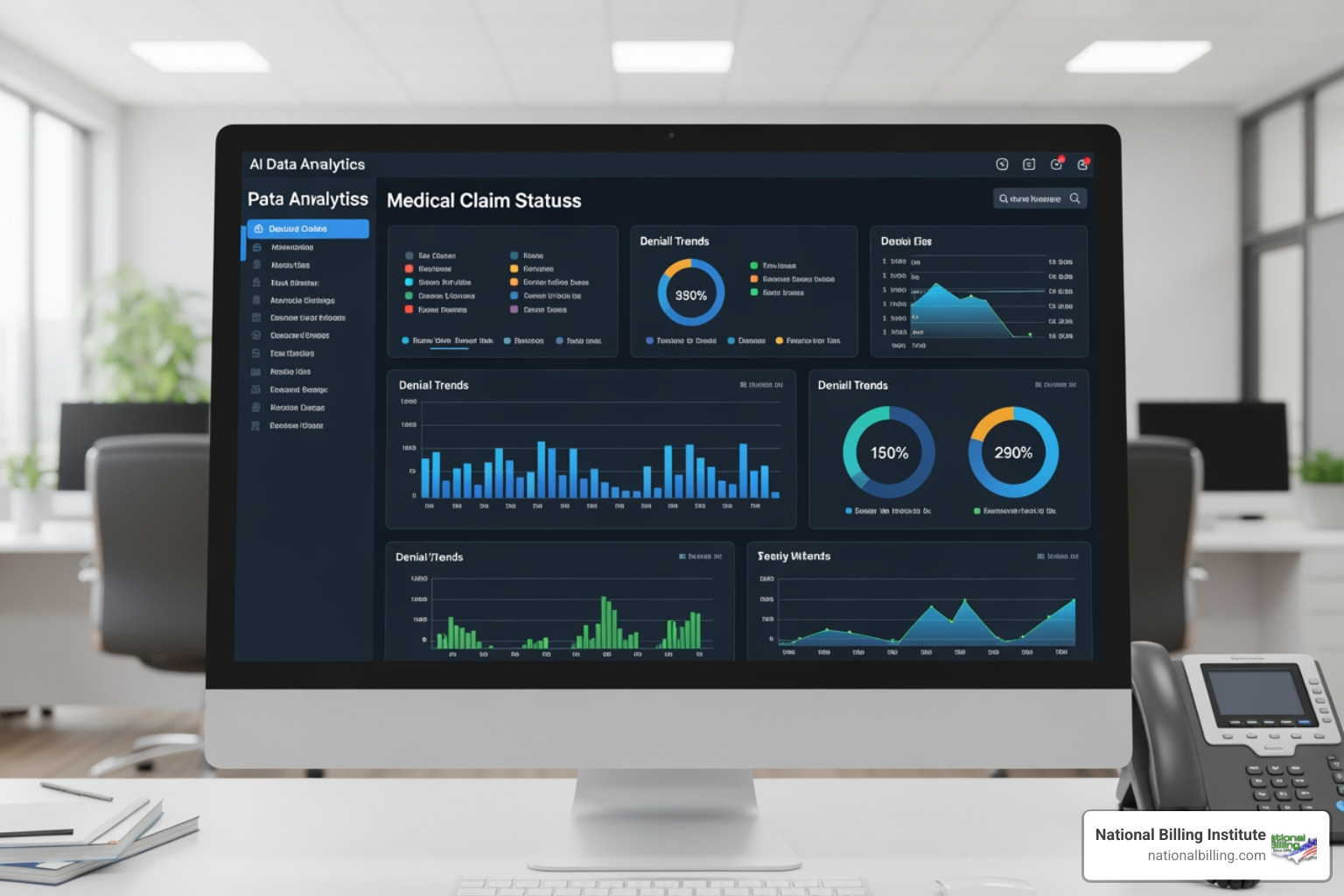 AI data analytics dashboard showing claim status and denial trends