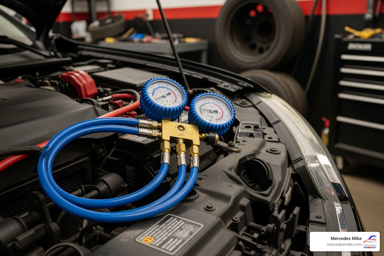 DIY AC recharge kit with a blue hose and pressure gauge connected to a car's low-pressure service port