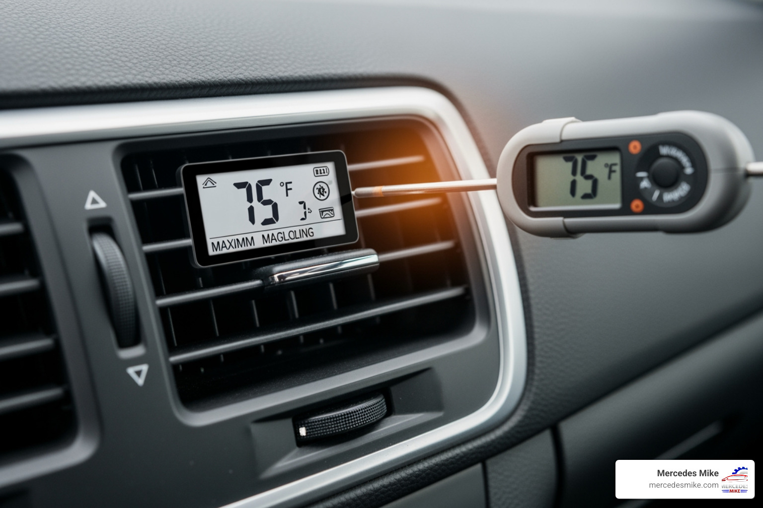 Digital thermometer inserted into a car vent showing a reading of 75 degrees Fahrenheit despite AC being on max