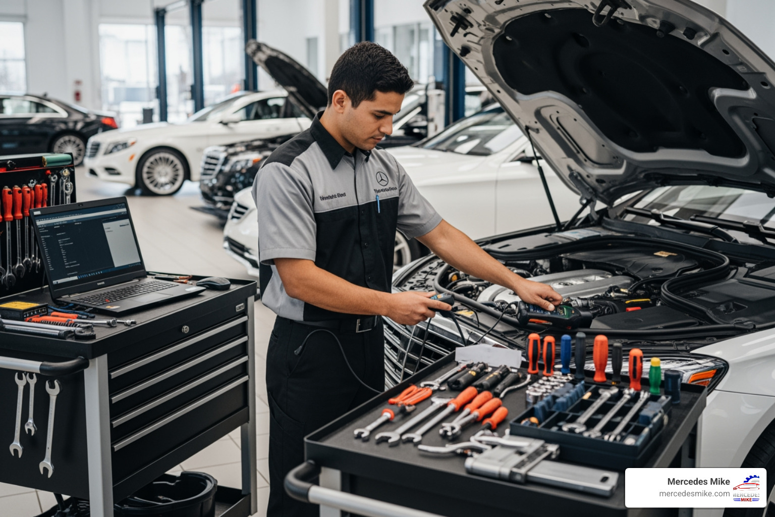 Mercedes technician performing a multi-point inspection