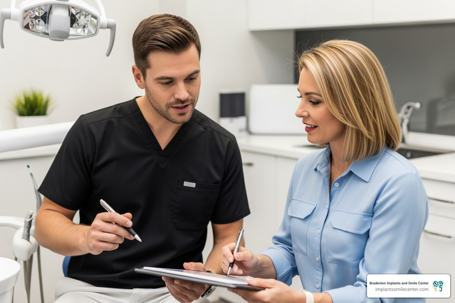 A dentist discussing financing and insurance options with a patient during a consultation A dentist discussing financing and insurance options with a patient during a consultation