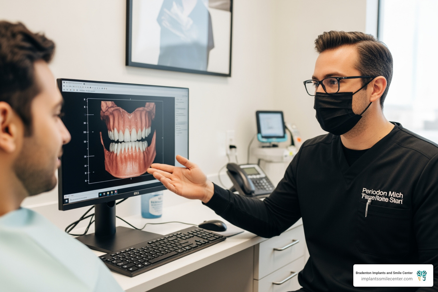 Periodontist explaining a 3D jaw scan to a patient to discuss bone density and implant placement