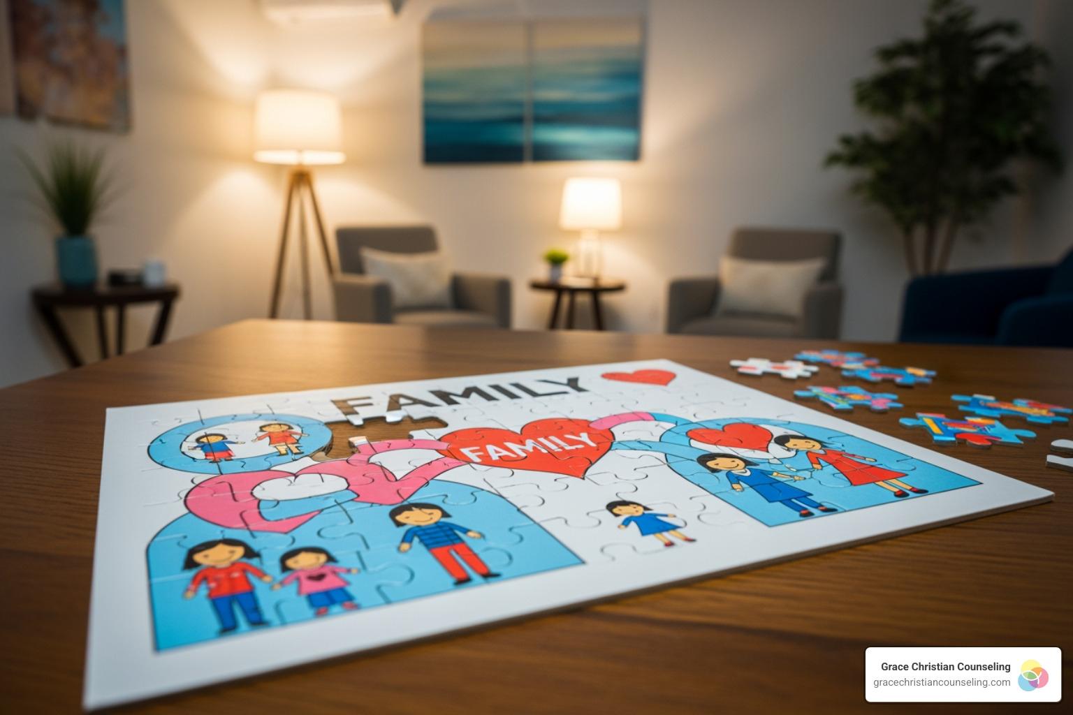 The Family Puzzle exercise reassembled on a table