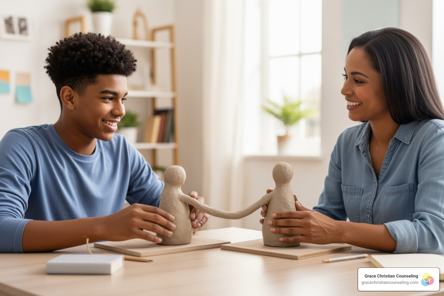 teenager and parent working on separate but connected clay sculptures