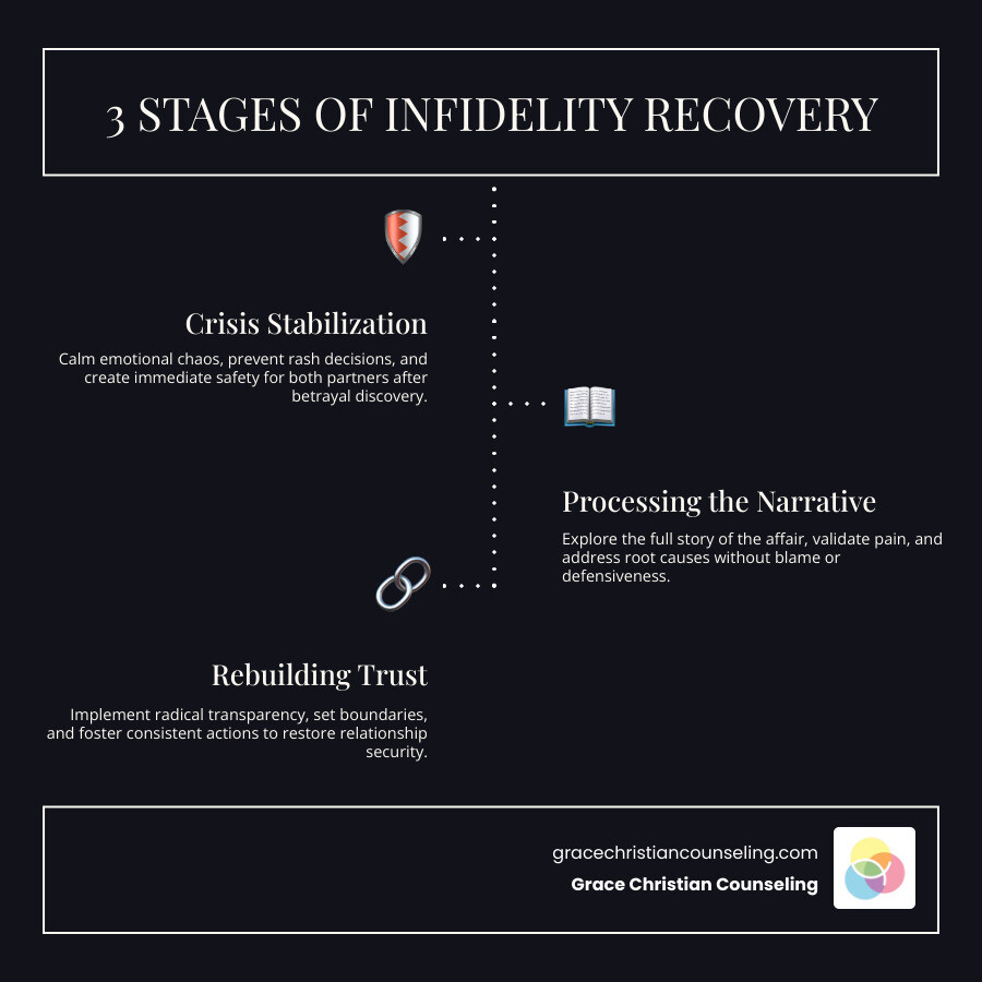 3 stages of infidelity recovery: crisis stabilization, processing the narrative, rebuilding trust infographic