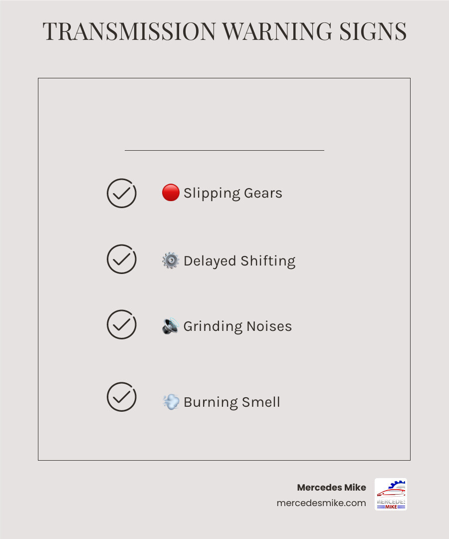 Signs of transmission wear, warning lights, fluid leaks, slipping gears, repair steps infographic infographic