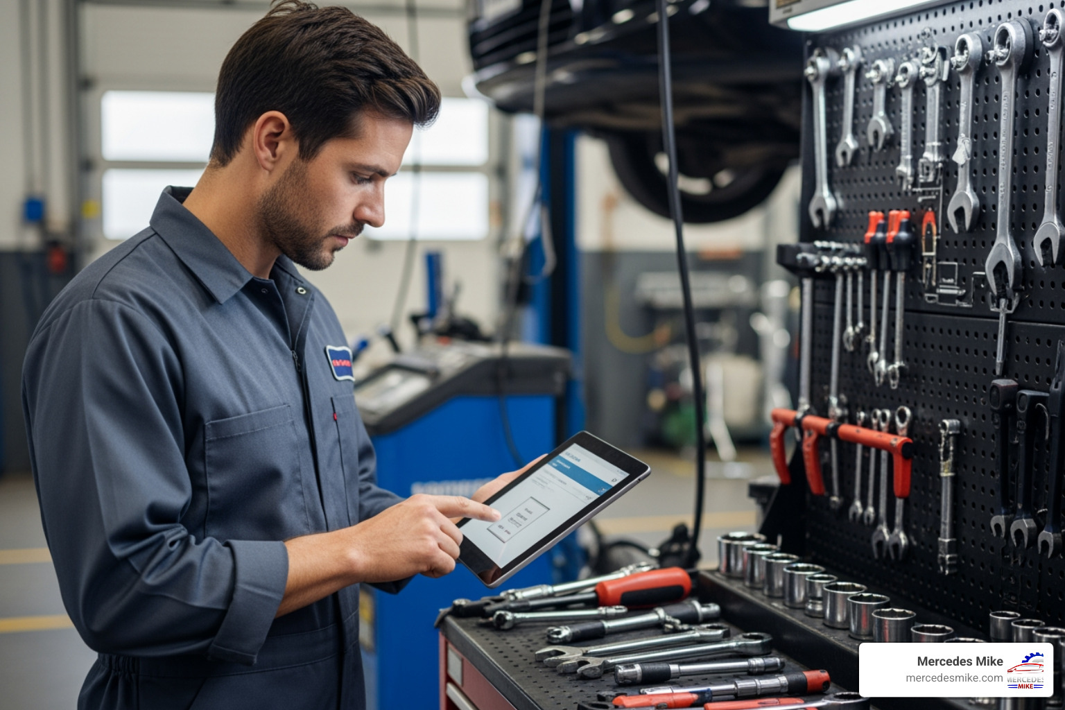 technician reviewing digital owner's manual in service bay technician reviewing digital owner's manual in service bay