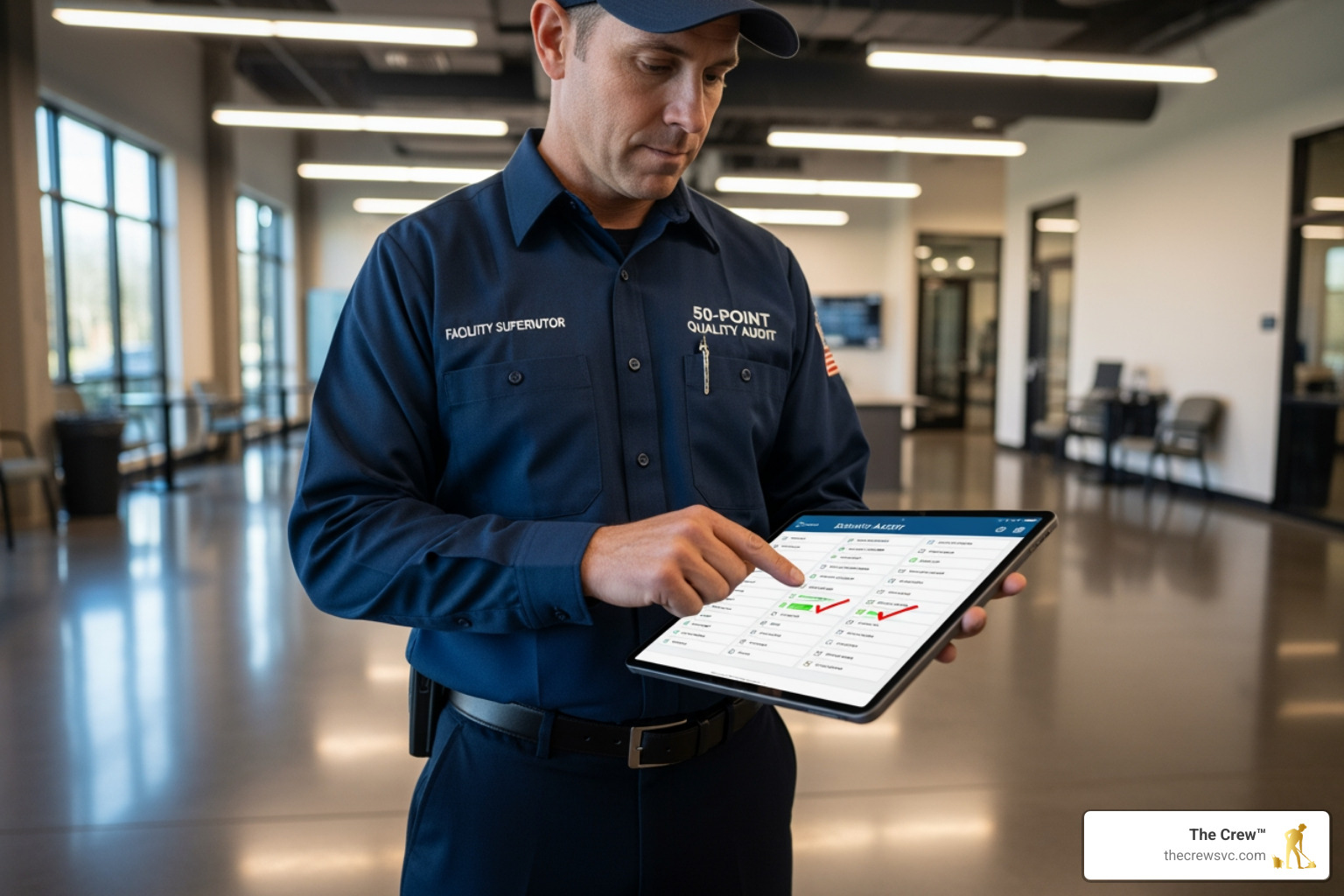 Facility supervisor conducting a digital 50-point quality audit on a tablet Facility supervisor conducting a digital 50-point quality audit on a tablet