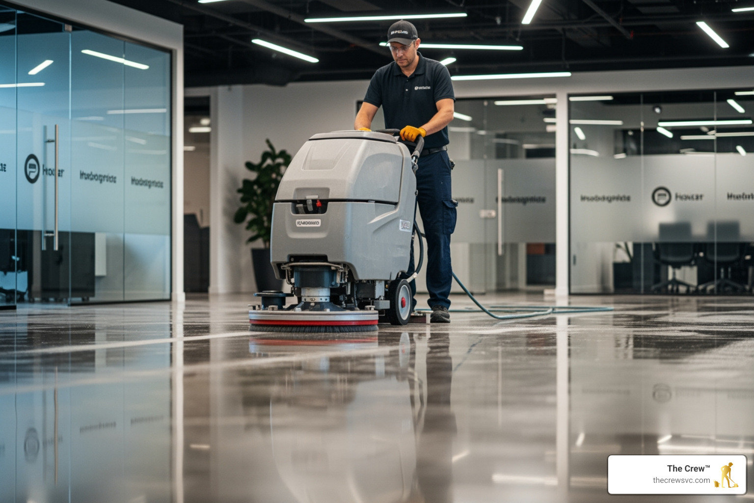 Professional cleaner using advanced floor scrubbing equipment on a polished concrete surface Professional cleaner using advanced floor scrubbing equipment on a polished concrete surface