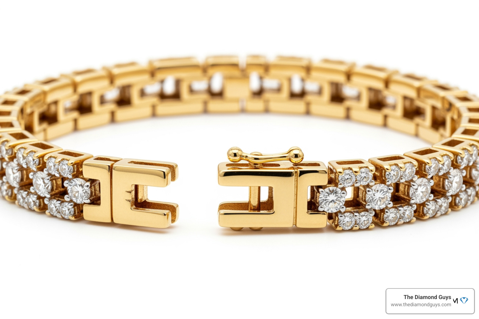 Close-up of a 10k tennis bracelet box clasp with a hidden safety latch Close-up of a 10k tennis bracelet box clasp with a hidden safety latch