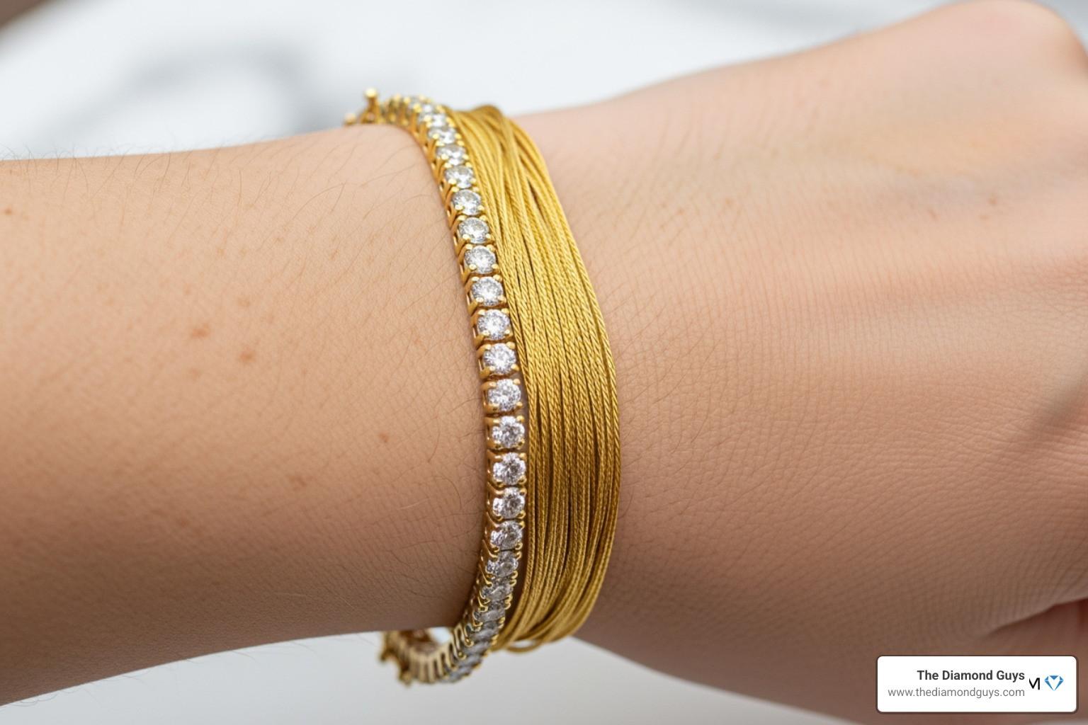 7-inch 10k tennis bracelet on a wrist showing proper fit and drape 7-inch 10k tennis bracelet on a wrist showing proper fit and drape