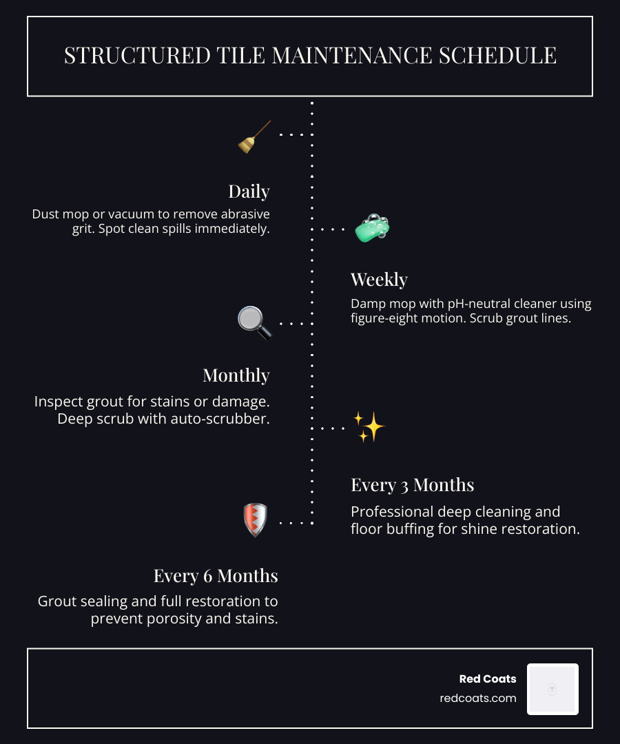 Infographic showing a structured commercial tile maintenance schedule with daily, weekly, monthly, and biannual tasks
