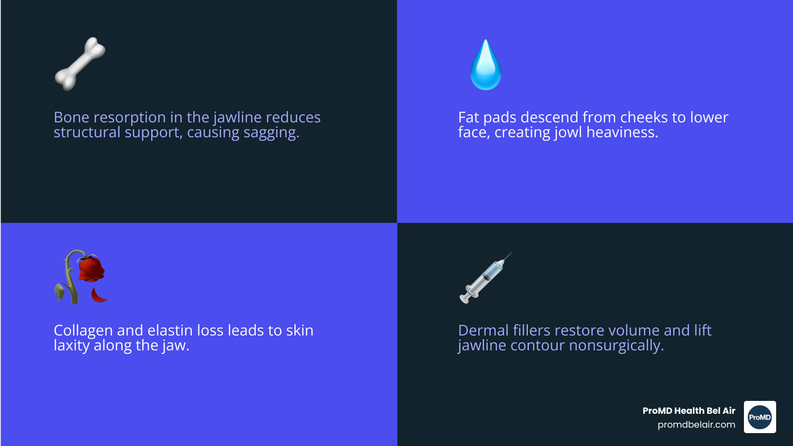 Infographic showing how jowls form from fat descent, bone loss, and collagen loss, and how dermal fillers restore jawline Infographic showing how jowls form from fat descent, bone loss, and collagen loss, and how dermal fillers restore jawline