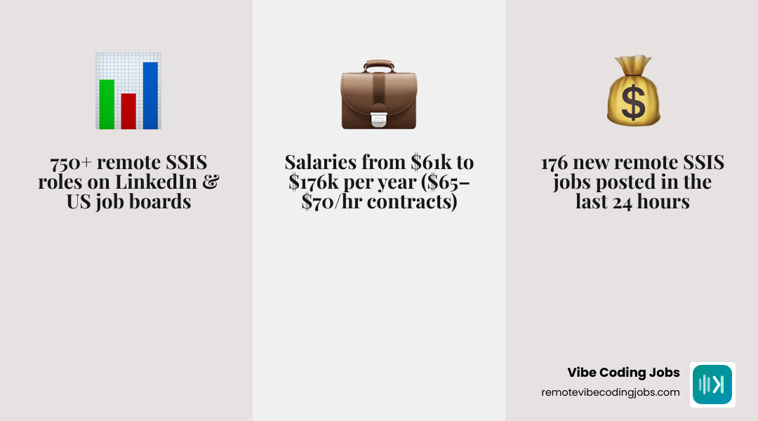 Remote SSIS job search process: platforms, titles, skills, salaries, and application steps infographic