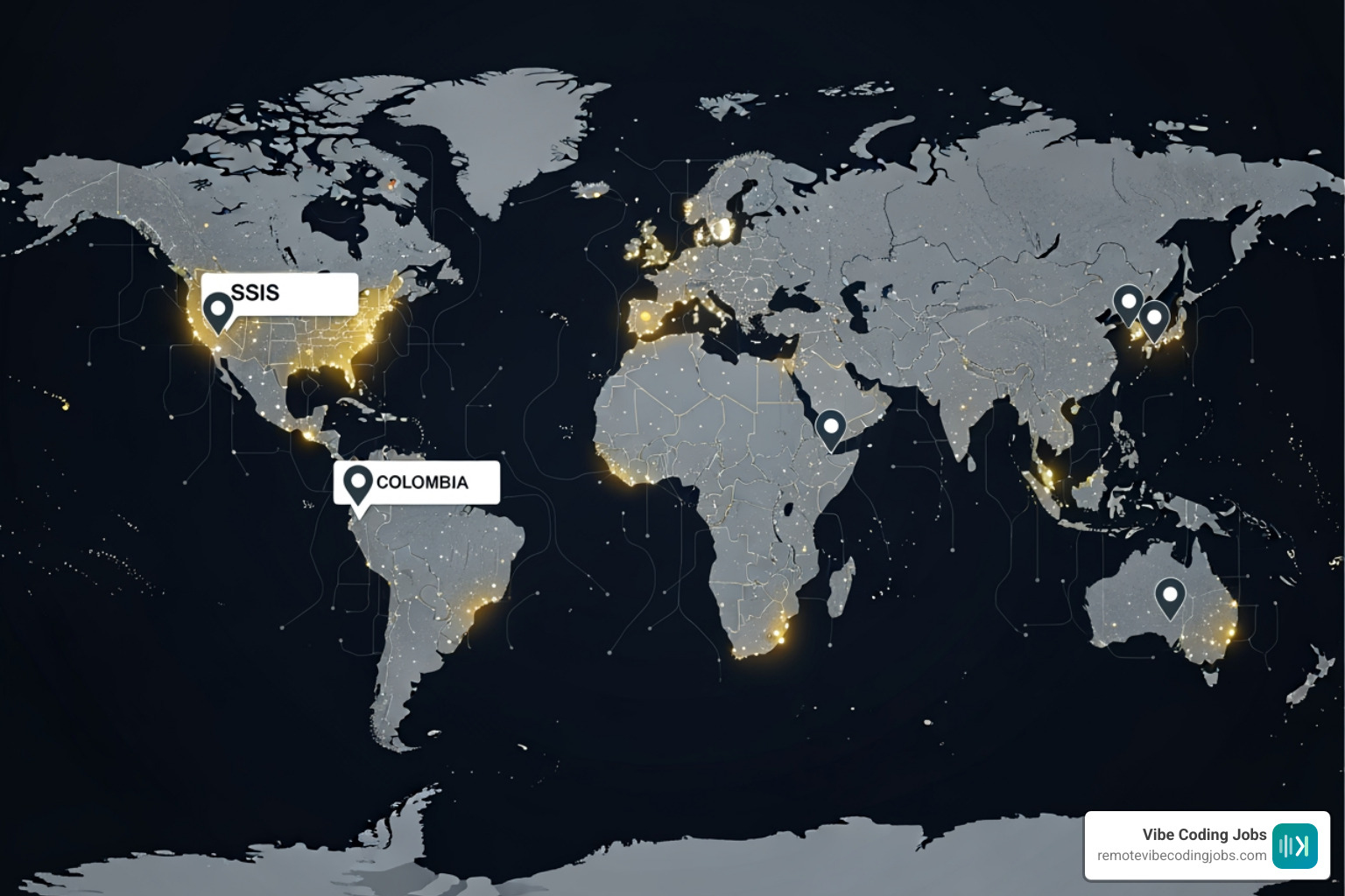 Global remote hiring map showing high concentration of SSIS roles in US, LATAM, and Europe