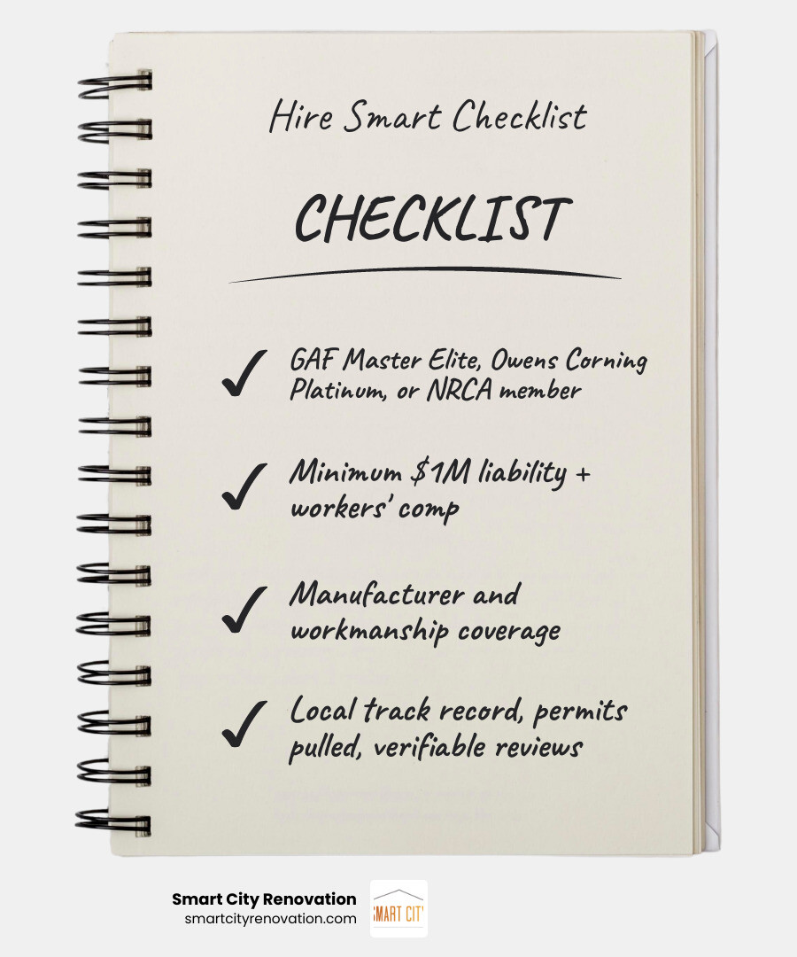 How to hire a residential roofing company: certifications, cost, warranty, and inspection checklist infographic How to hire a residential roofing company: certifications, cost, warranty, and inspection checklist infographic