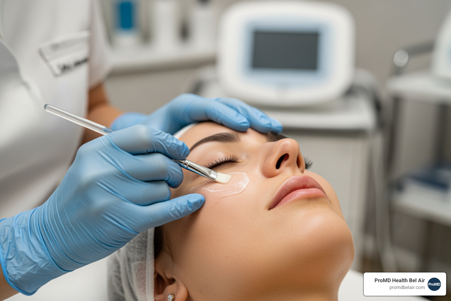 Chemical peel solution being applied to facial skin by gloved hands Chemical peel solution being applied to facial skin by gloved hands