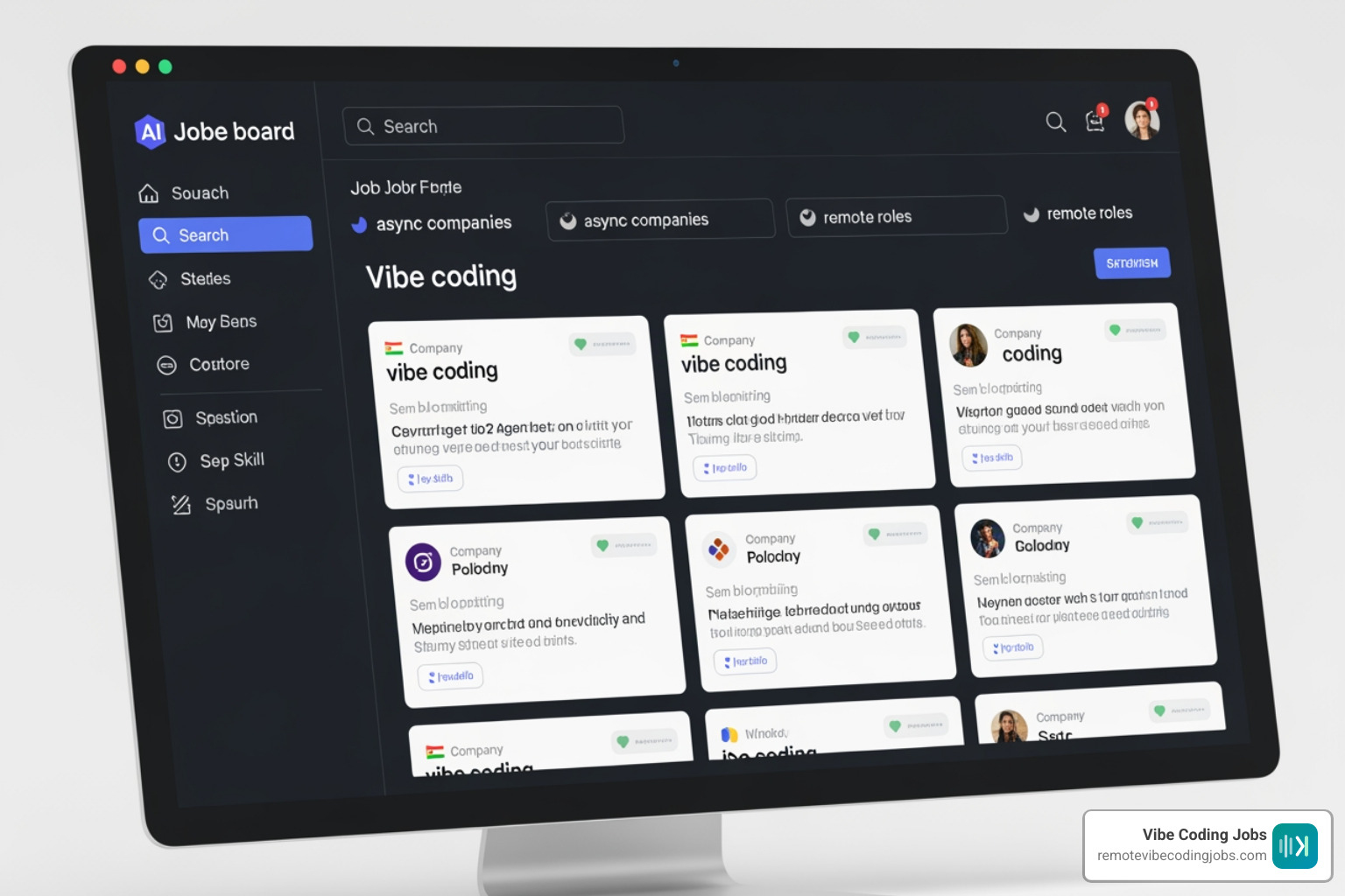 remote AI job board dashboard with vibe coding roles and async company filters