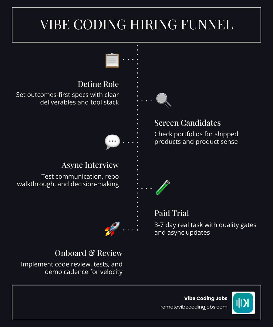 Vibe coding hiring funnel: from role definition to onboarding and quality gates infographic