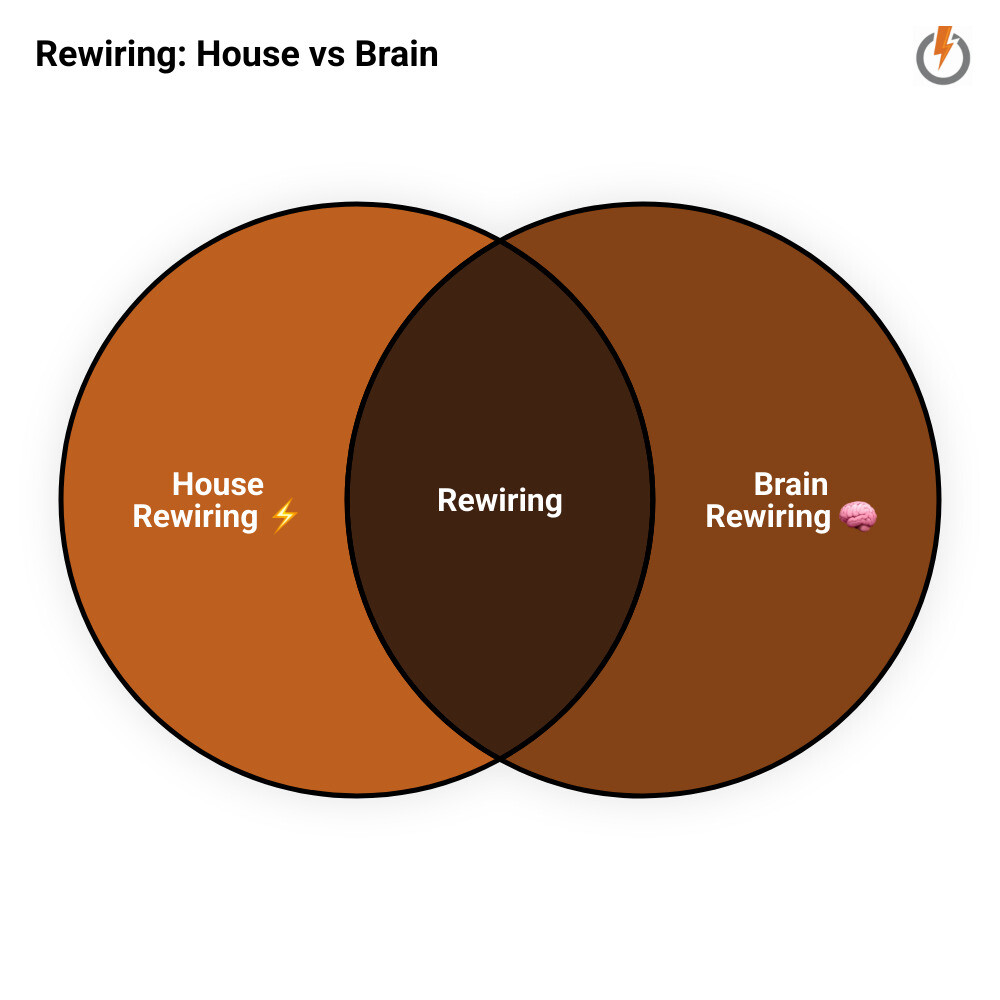 infographic showing literal electrical rewiring vs metaphorical brain rewiring side by side infographic