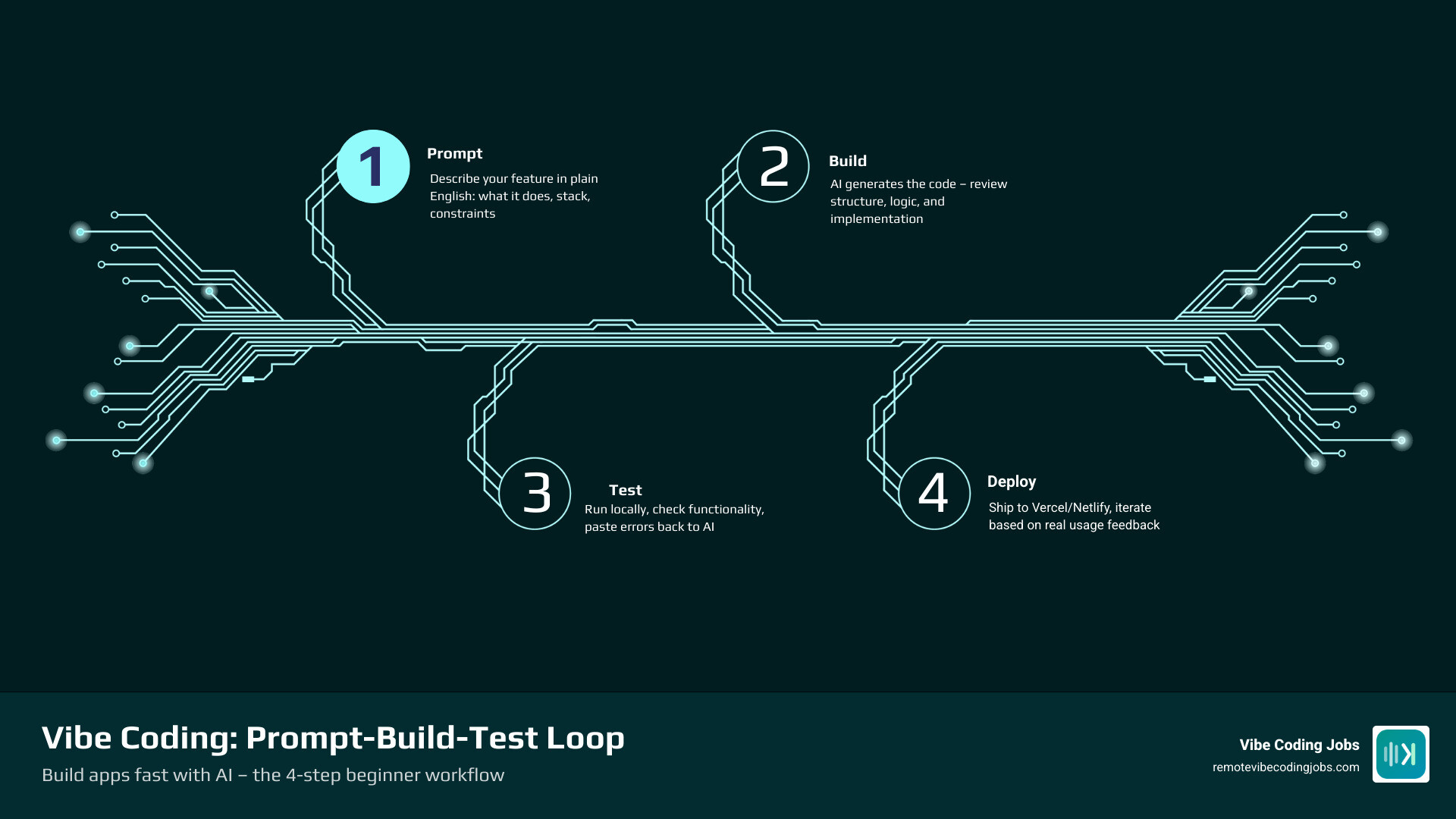 Step-by-step infographic showing the vibe coding prompt-build-test loop for beginners infographic