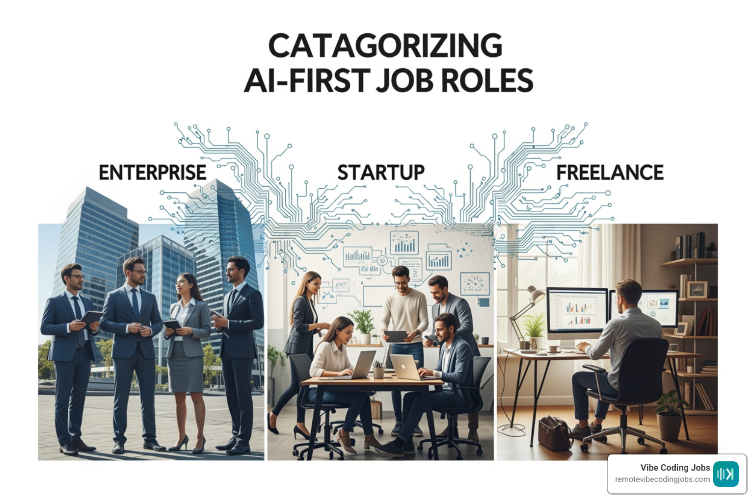 Graphic showing categories of AI-first job roles: Enterprise, Startup, and Freelance