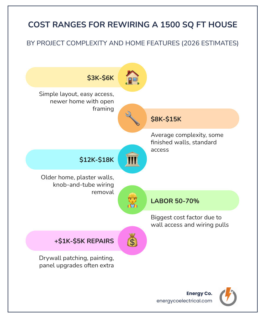 Infographic showing cost ranges for rewiring a 1500 sq ft house by complexity and home age infographic Infographic showing cost ranges for rewiring a 1500 sq ft house by complexity and home age infographic