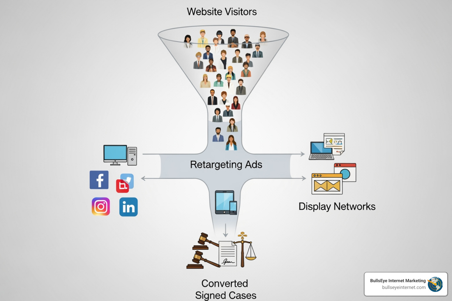 retargeting ad funnel for law firms Website visitor funnel illustrating retargeting ads and display networks driving converted signed cases for legal