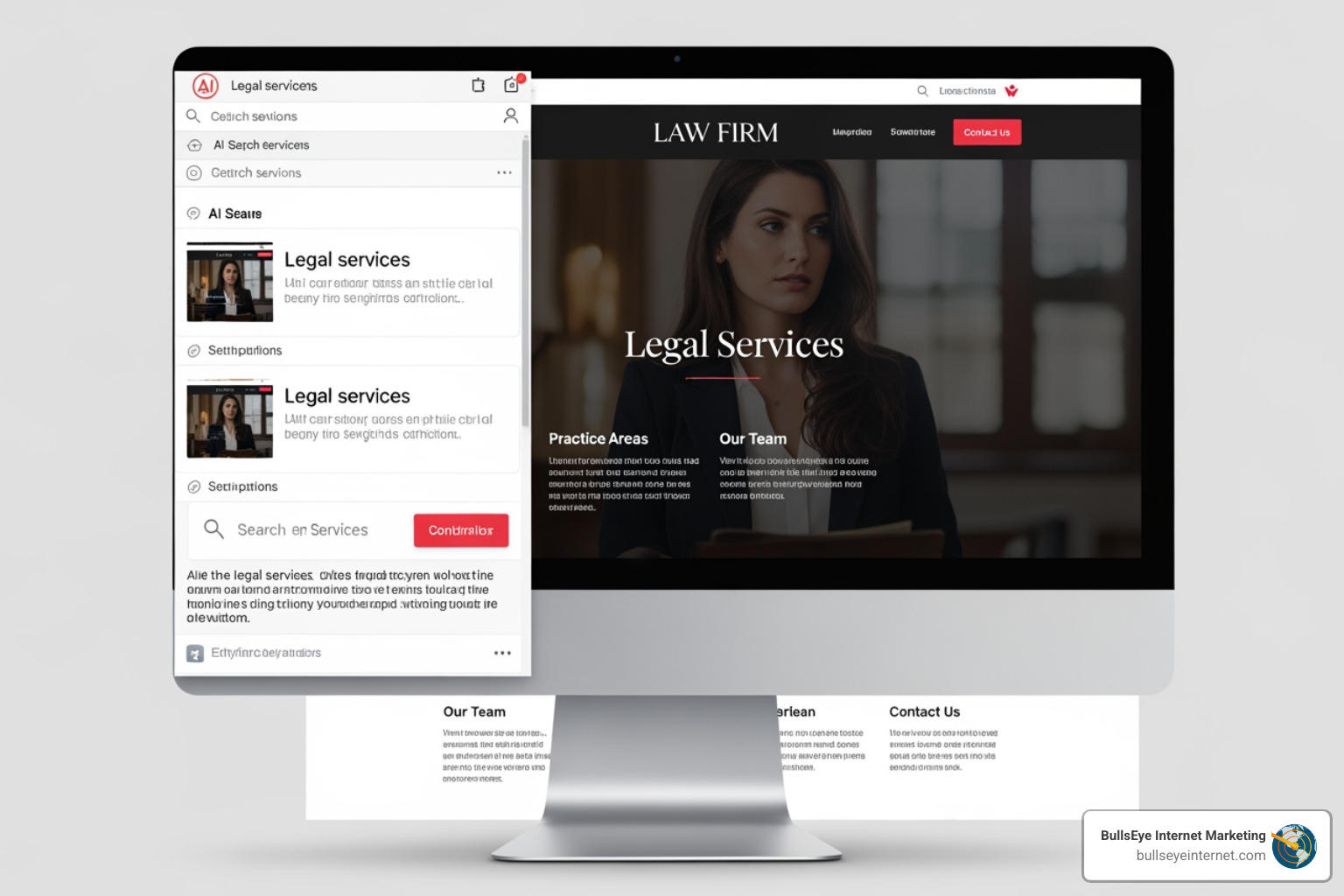 AI search results and law firm content structure Law firm website design mockup showcasing legal services and conversion optimization.