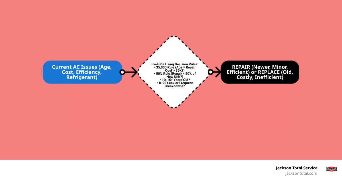 Infographic showing repair vs replace AC decision path based on age, cost, SEER, and refrigerant type infographic Infographic showing repair vs replace AC decision path based on age, cost, SEER, and refrigerant type infographic