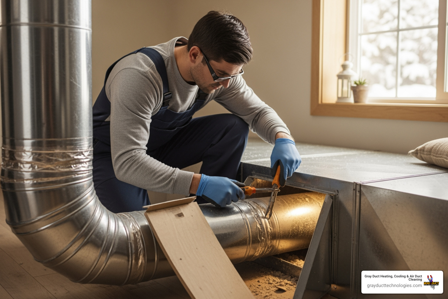 professional HVAC technician inspecting residential duct system in Minnesota home professional HVAC technician inspecting residential duct system in Minnesota home