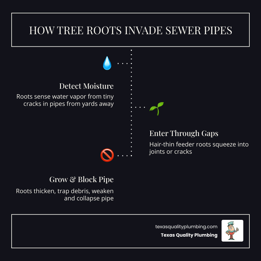 Infographic showing 5 steps of how tree roots invade sewer pipes in Texas soil, from moisture detection to pipe collapse