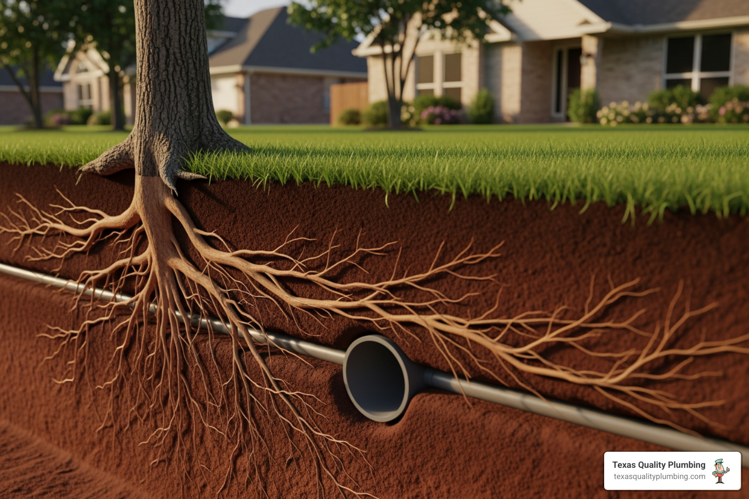 roots following underground pipe trench in Texas yard