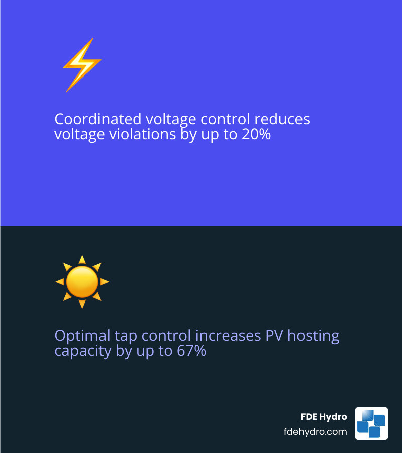 infographic on voltage control, PV hosting, and tap changer reductions infographic