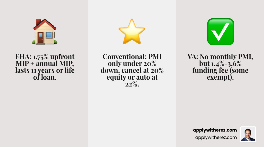 infographic showing FHA MIP VA funding fee and conventional PMI removal infographic