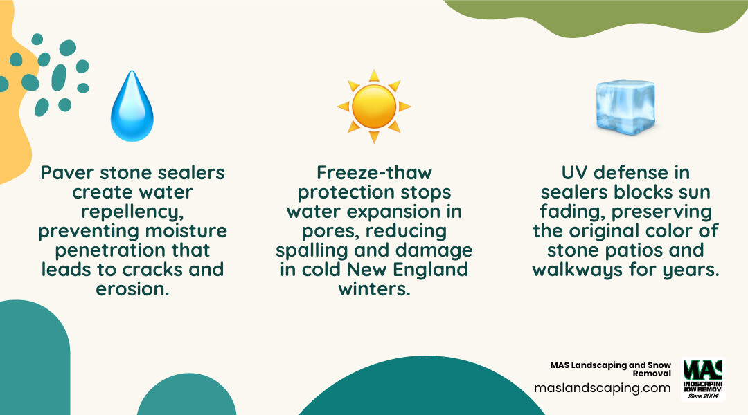 Infographic showing how paver sealers protect stone from water, UV, stains, and freeze-thaw damage infographic Infographic showing how paver sealers protect stone from water, UV, stains, and freeze-thaw damage infographic