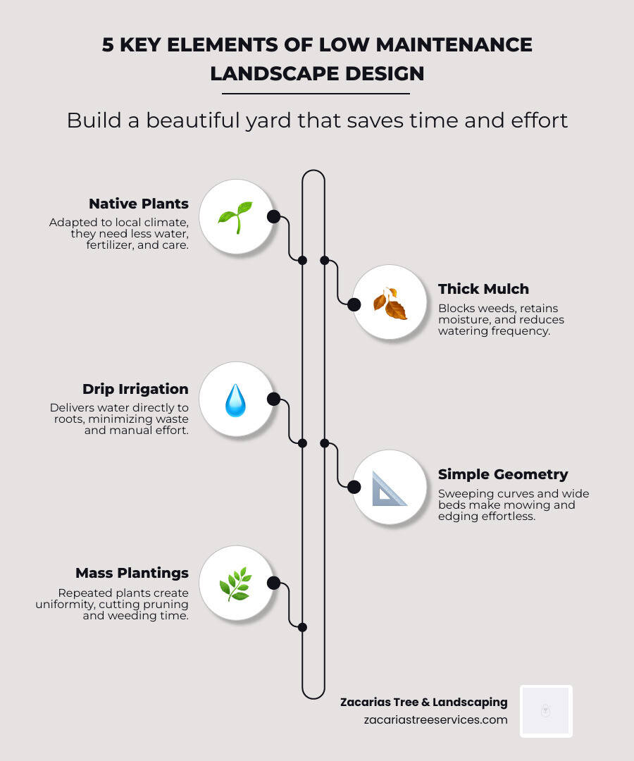 Infographic showing key elements of low maintenance landscape design: native plants, mulch, hardscape, drip irrigation