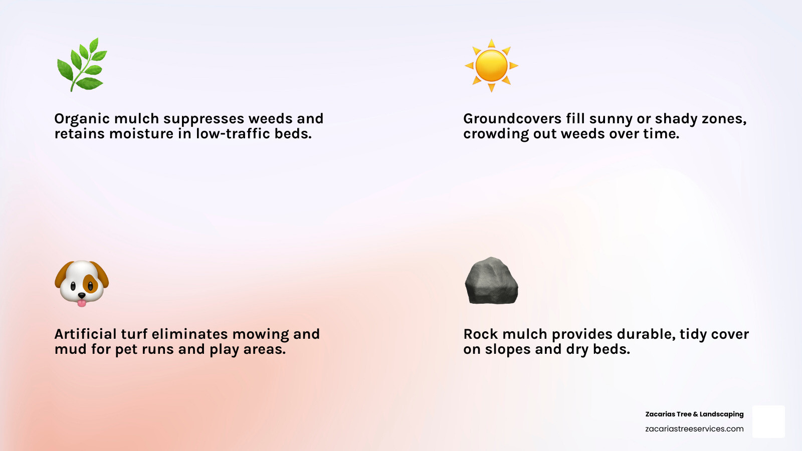 Comparison infographic: mulch vs groundcovers vs artificial turf infographic