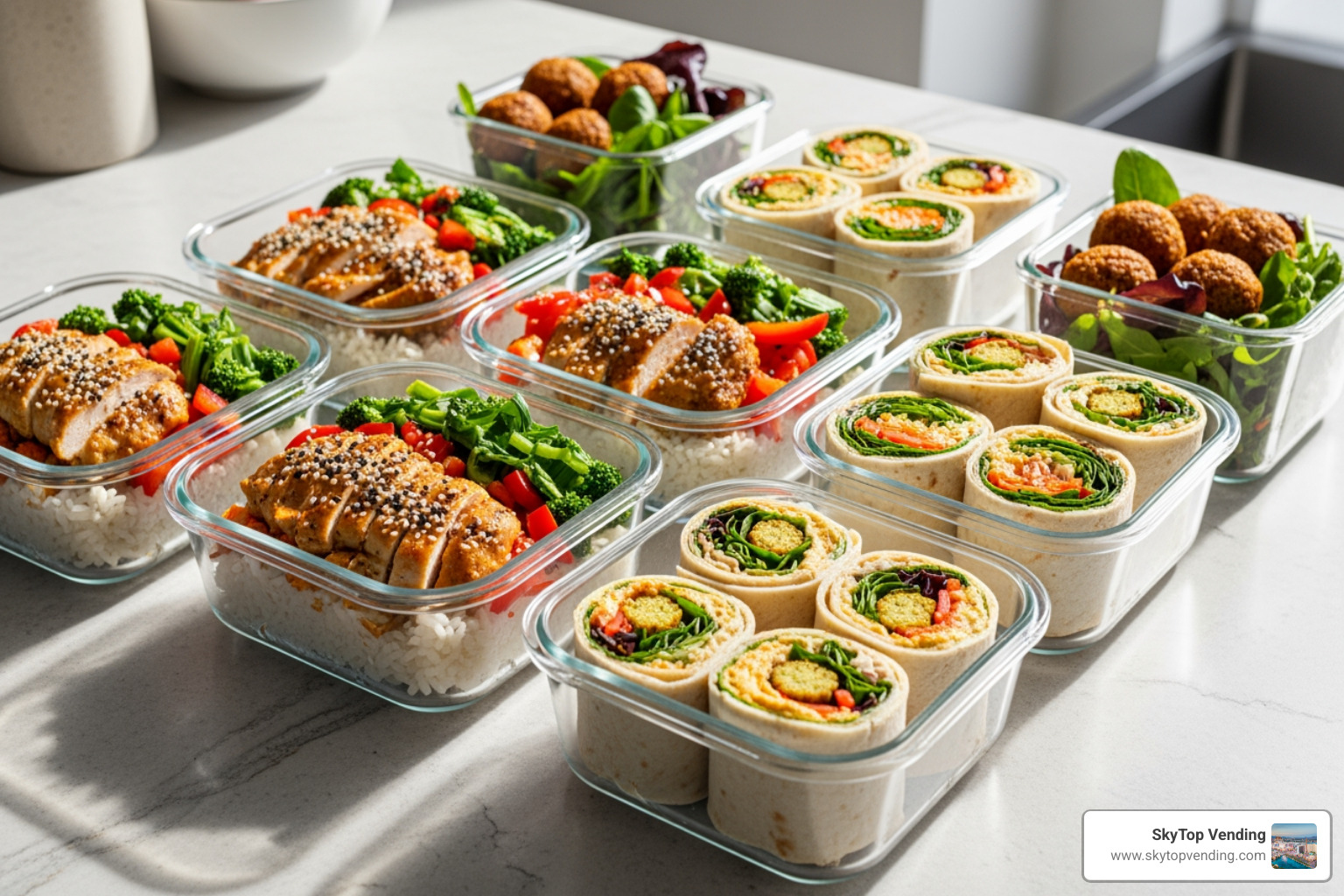 dinner meal prep containers with rice bowls and wraps