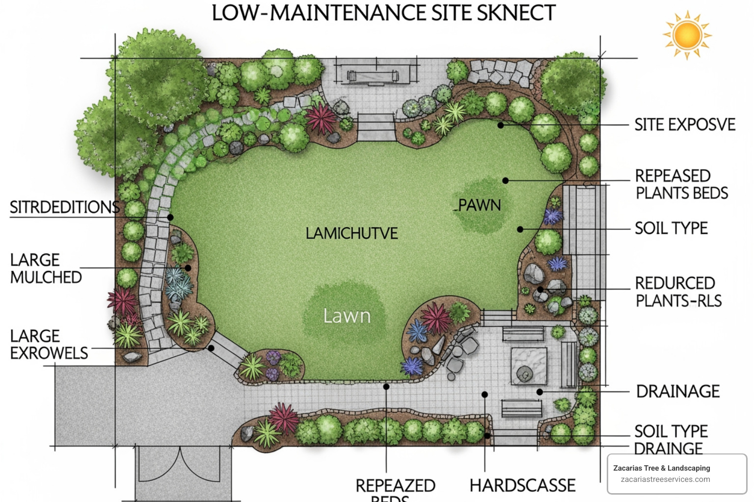 landscape site sketch for low maintenance yard