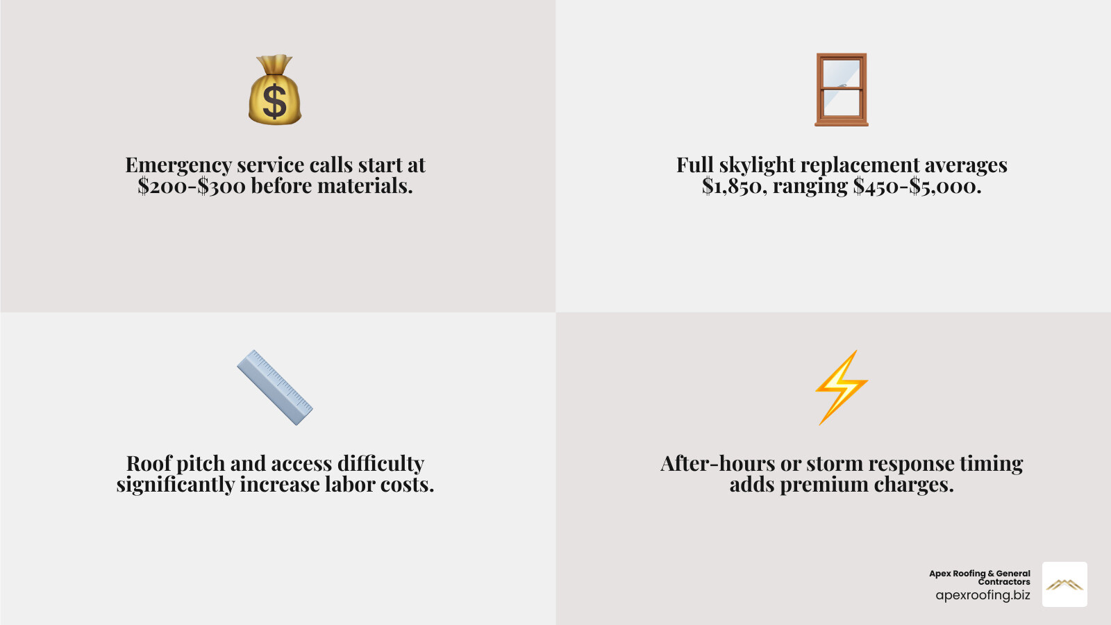 infographic of emergency skylight repair cost factors infographic
