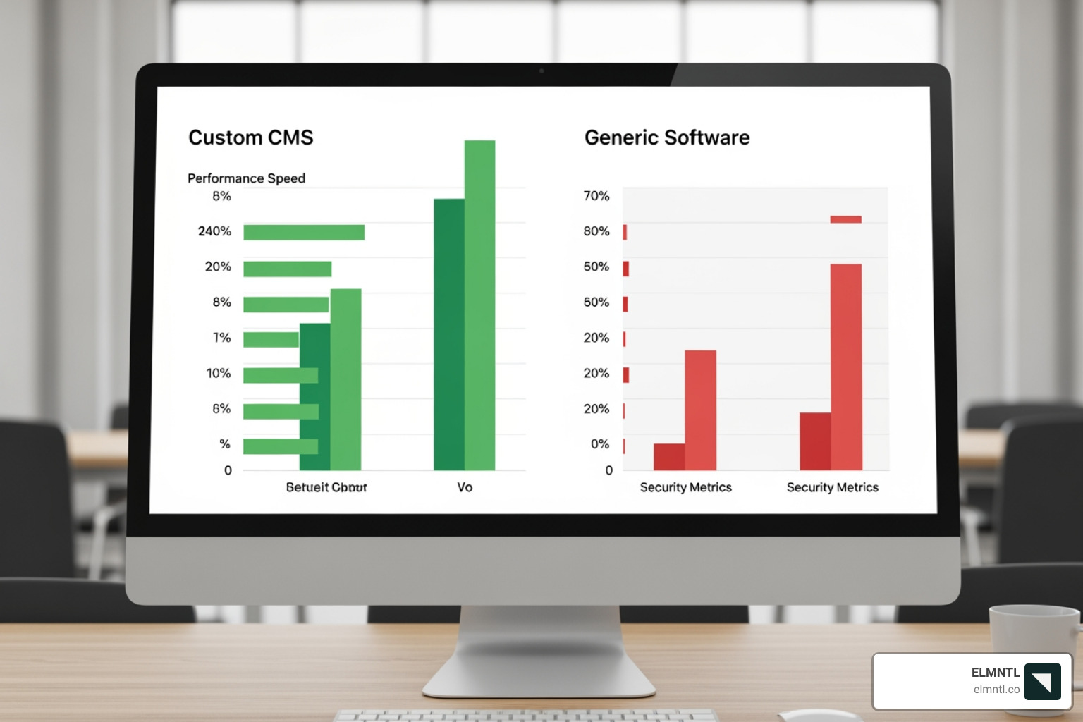 Comparison chart showing custom CMS versus generic software performance and security