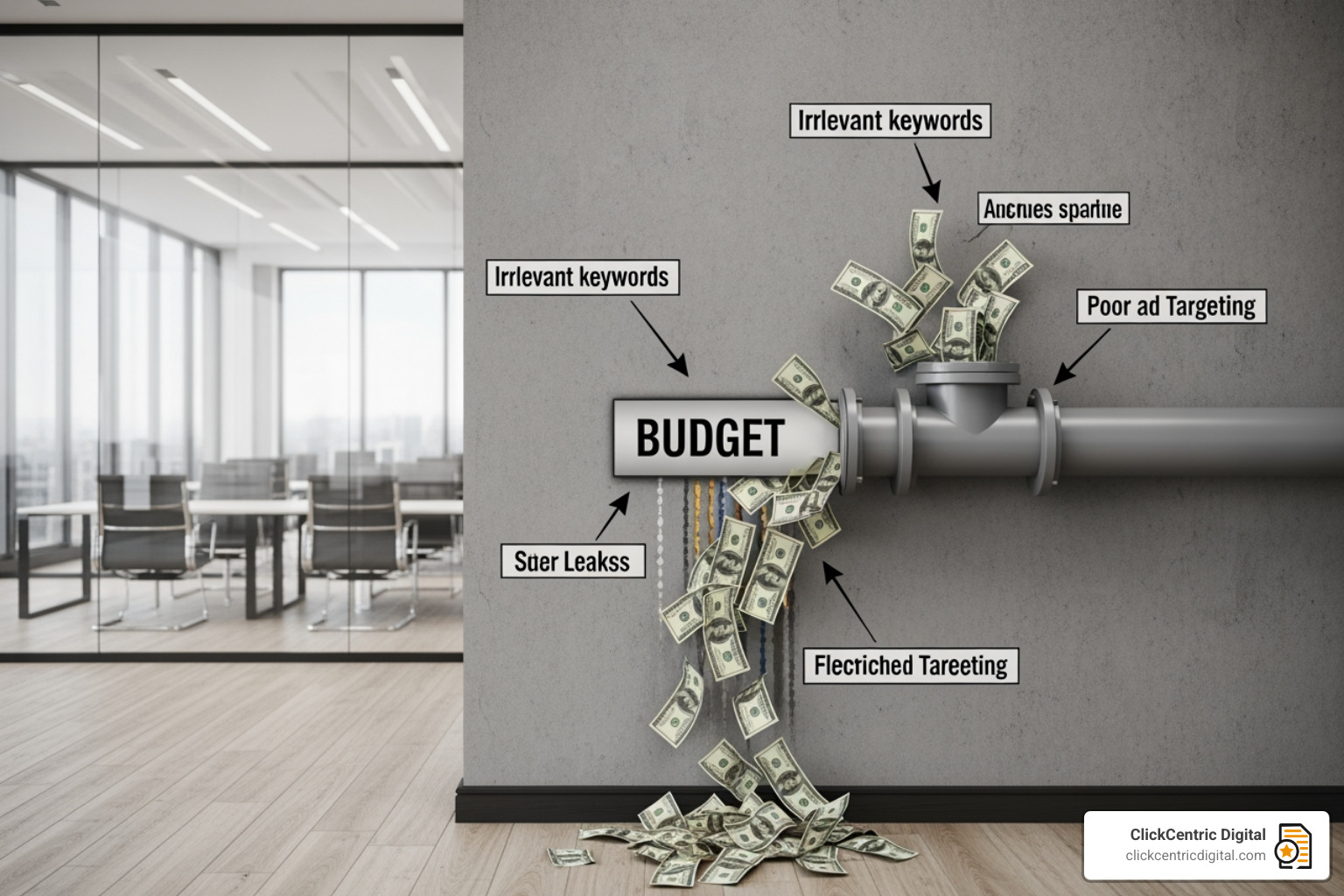 A budget leak diagram showing wasted ad spend through irrelevant keywords and poor targeting