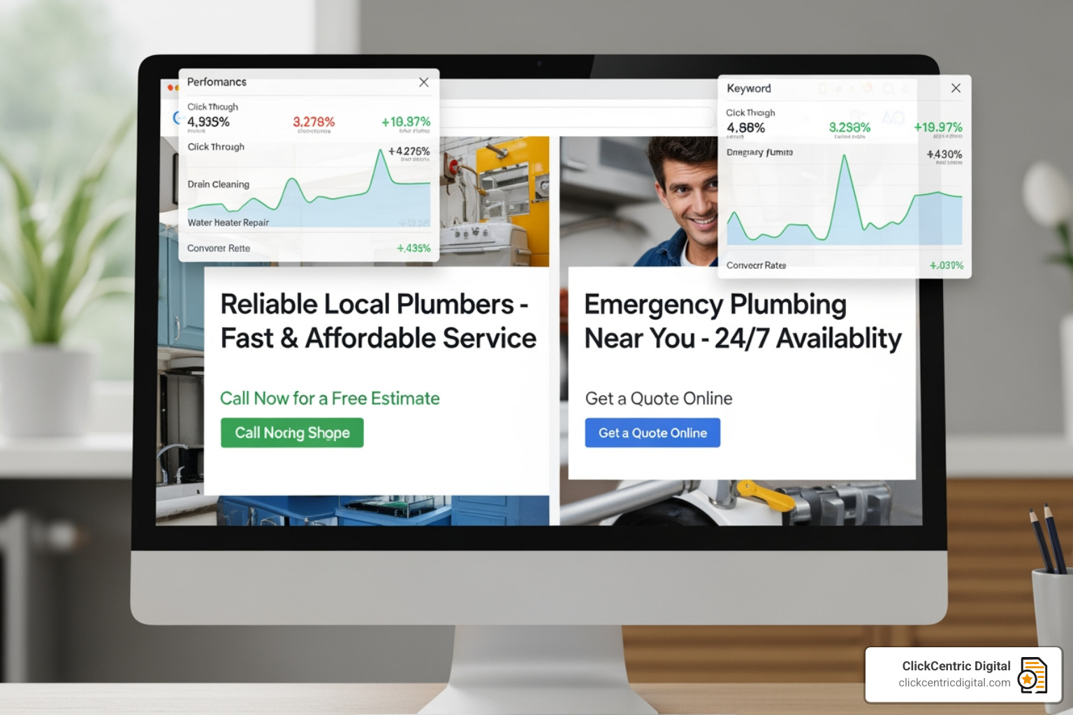 A side-by-side competitor ad comparison showing different headlines and calls to action