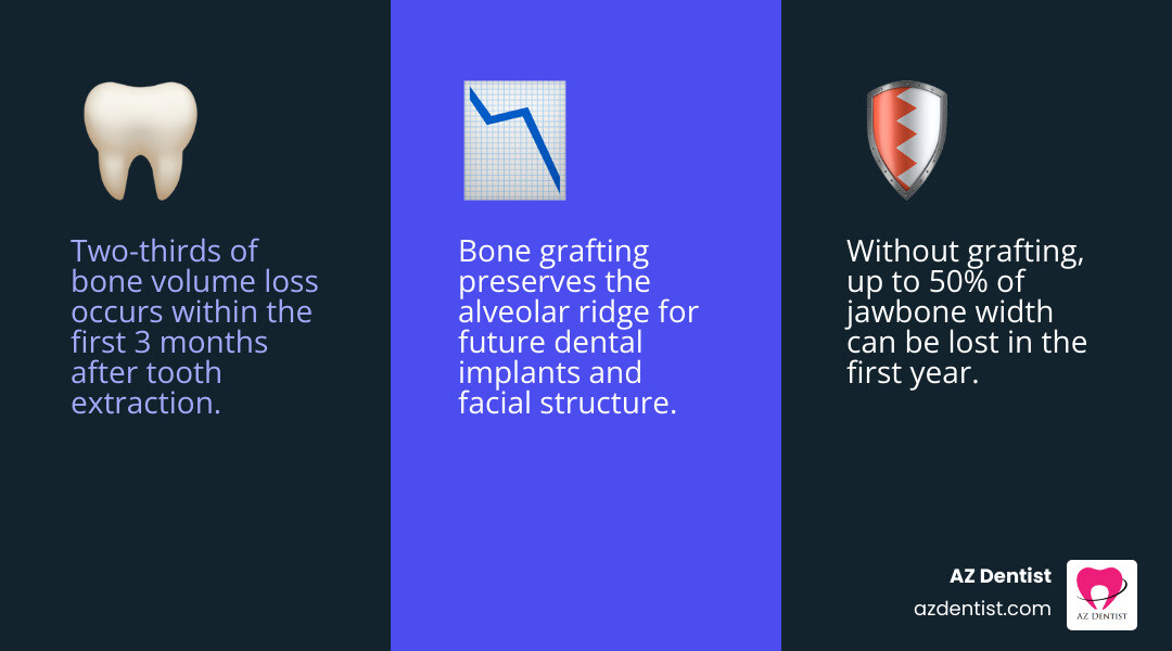 Infographic showing 50% bone loss within 3 months post-extraction vs. preserved socket with bone graft infographic Infographic showing 50% bone loss within 3 months post-extraction vs. preserved socket with bone graft infographic